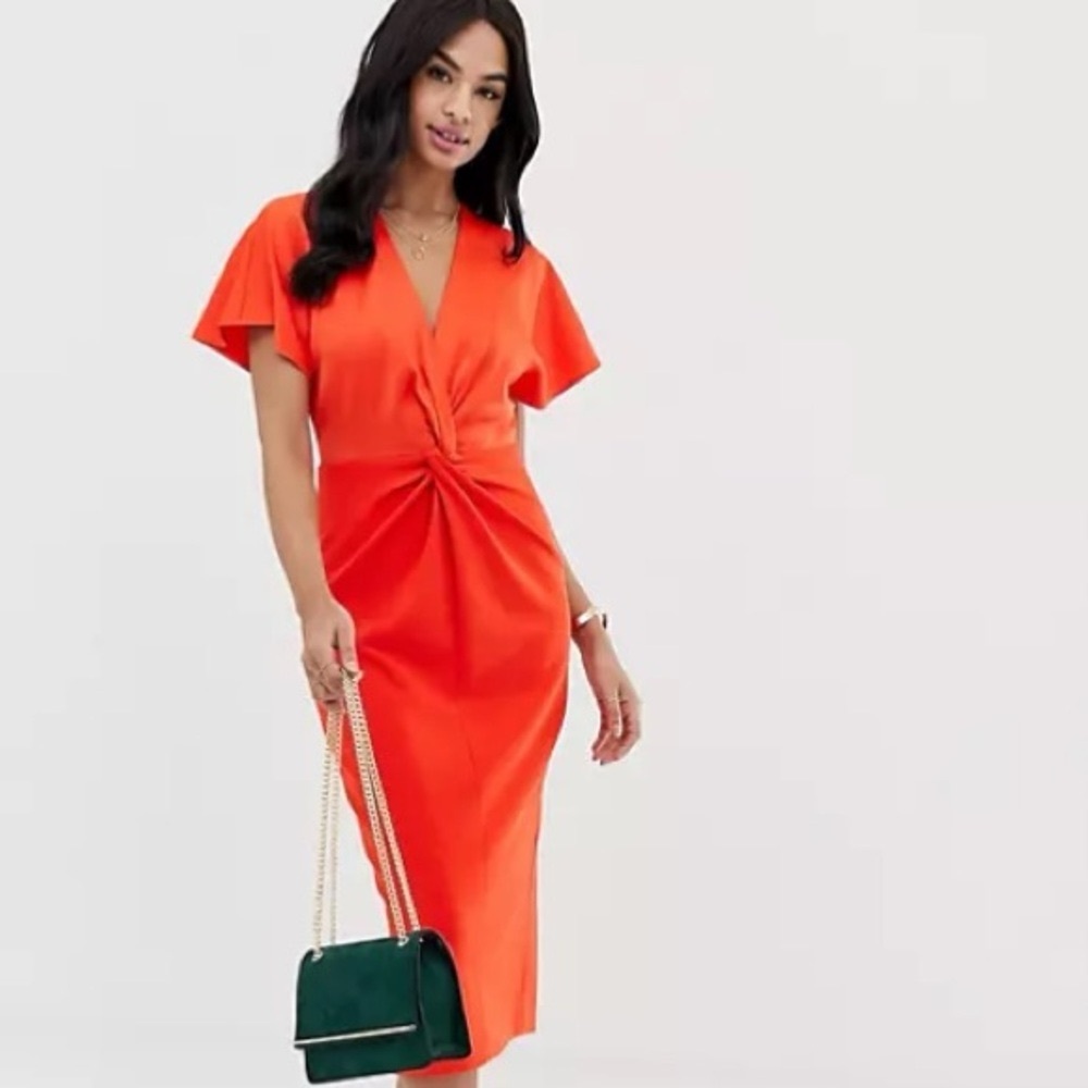 Ted Baker Orange Red Sheath Midi Dress with Flutter Sleeves - Never been worn